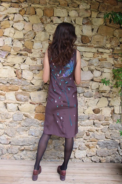 Marilyn France Loup-Maison original Hand painted Silk Birds Chocolate Print, Dress
