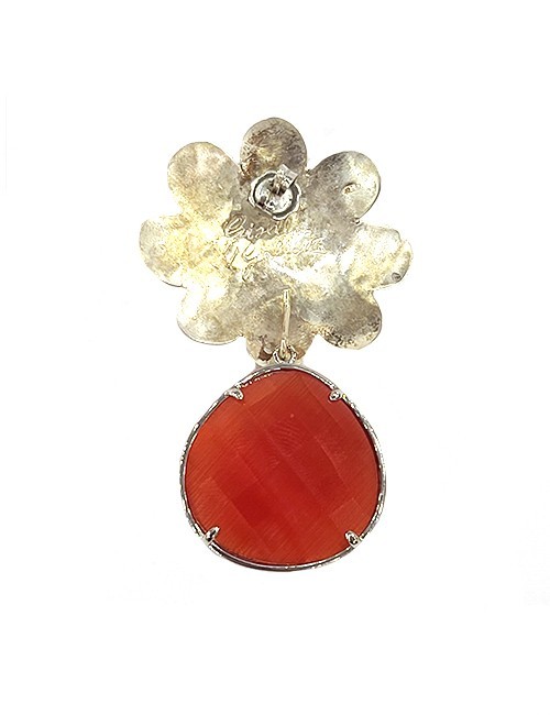Marilyn Handmade Italian Silver -Plated Hammered Brushed Flower and Red semi-precious Stones, removable Drop, Pierced Earring