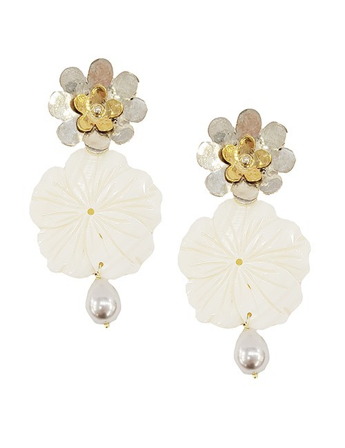 Marilyn Handmade Italian Silver and Gold-Plated, Mother of Pearl Flower, with Pearl Drop, Pierced Earring