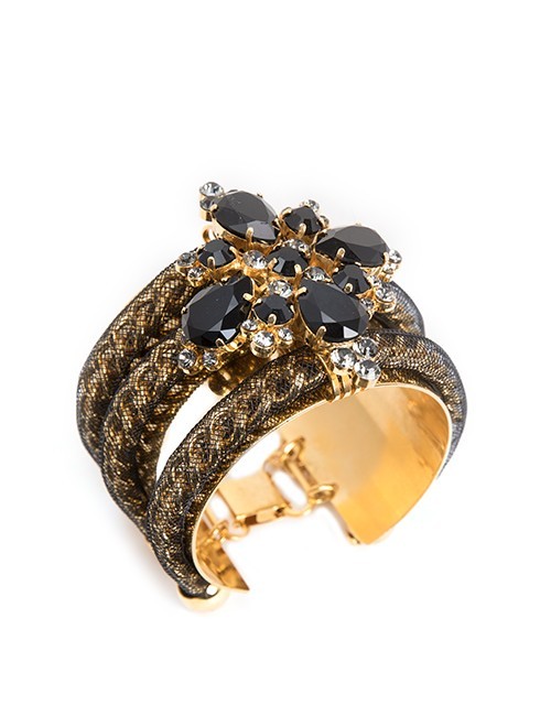 Black And Gold Wide Cuff Bracelet With Swarovski Crystals