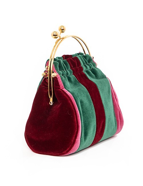 Marilyn’s Burgundy, Pink and Emerald Green Velveteen Handbag With Brass Handle