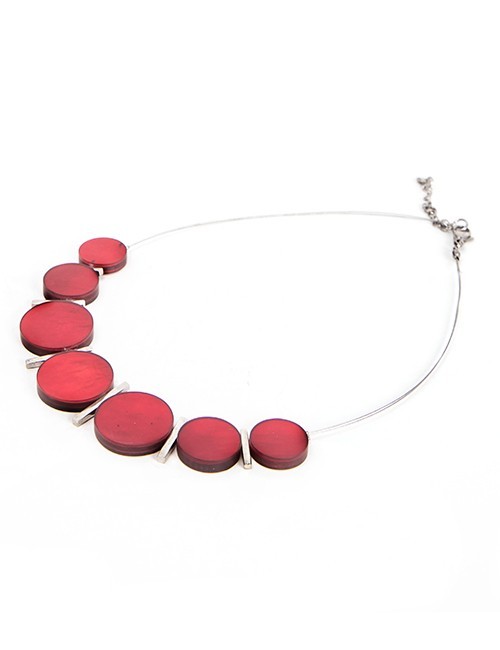 Necklace With Graduated Red Acrylic Disks And Silver Chain