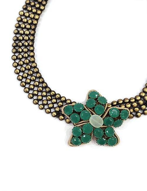 Marilyn Italian Brass Necklace with Green Crystal Flower.