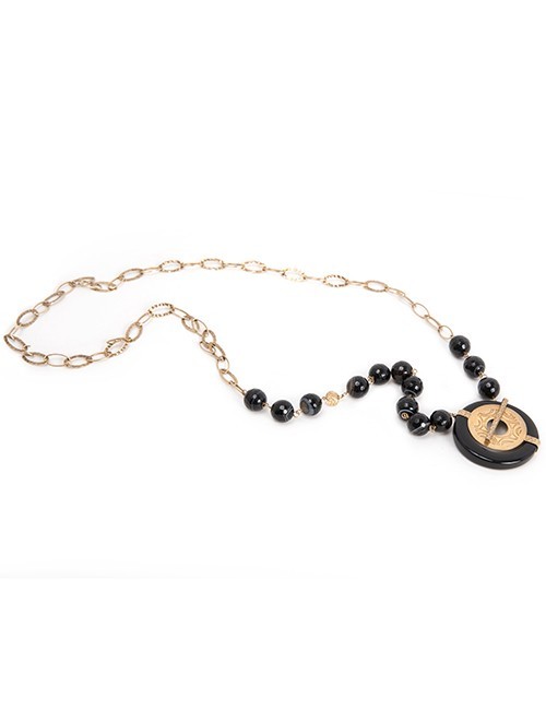 Long Gold Chain With Black Beads and Black/Gold Pendant