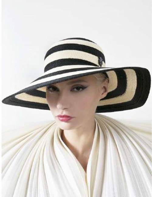 jeg er tørstig Motherland Ledelse Black and Natural Striped Wide Brim Hat by Philip Treacy - Marilyn's