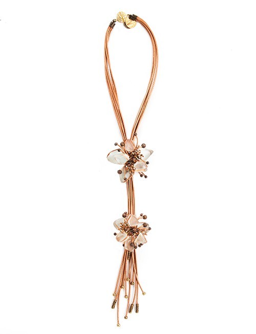 French Handcrafted Necklace Combining Leather, Frosted Glass, Crystals, Beads – Copper Tones
