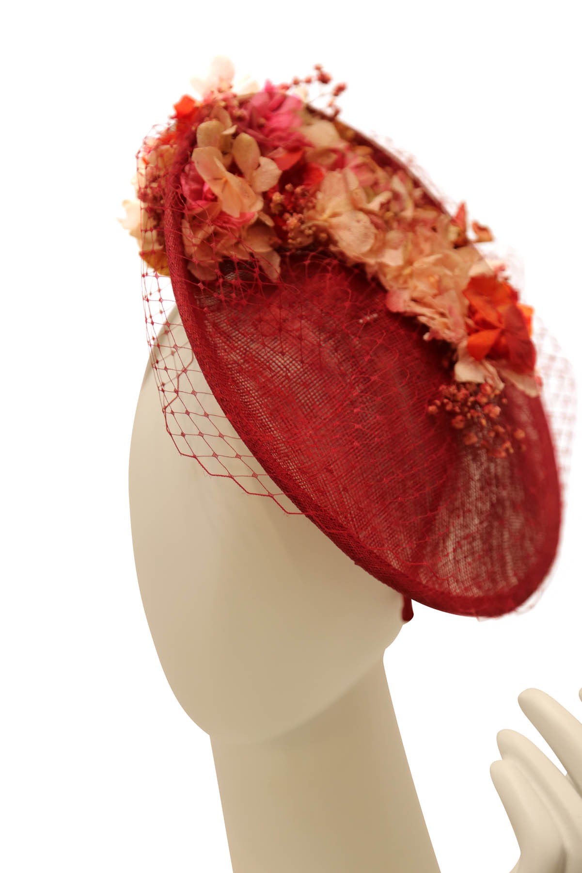Marilyn’s Pink and Red Floral Fascinator with Veiling
