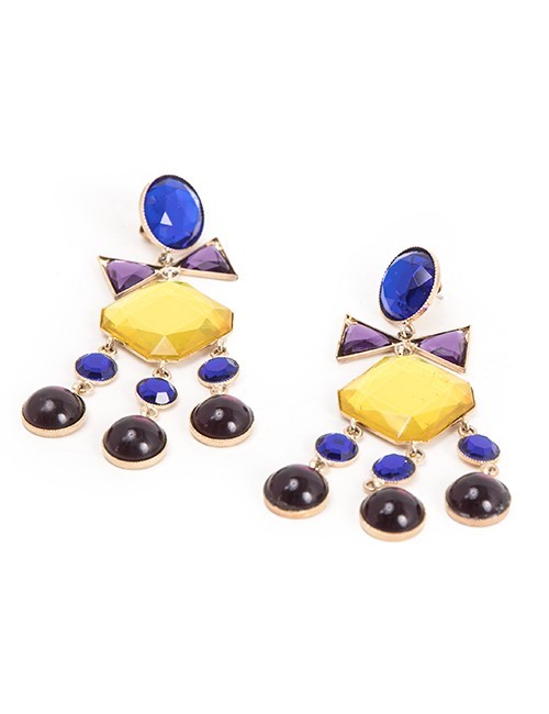 Tiered Chandelier Earrings With Blue, Purple and Yellow Swarovski Crystals