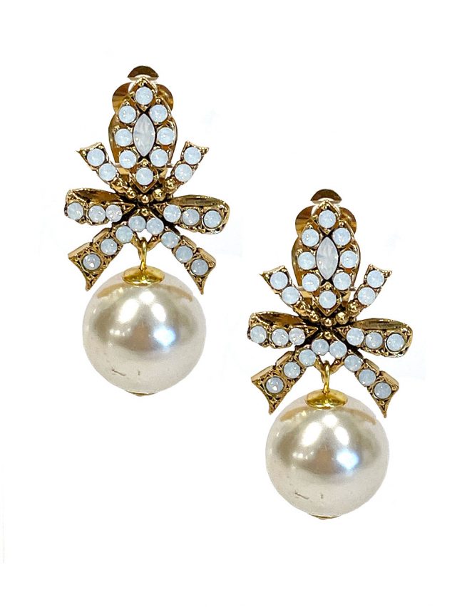 Marilyn’s French Gold White Crystal Bow Earrings