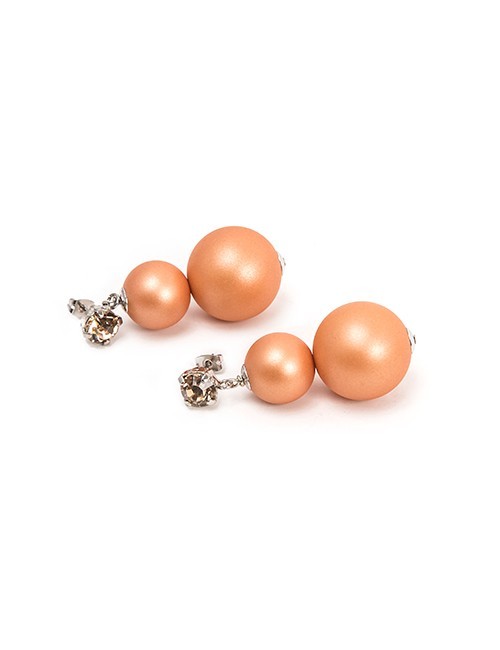 Drop Earrings With Two Apricot Colored Balls And Topaz Crystals