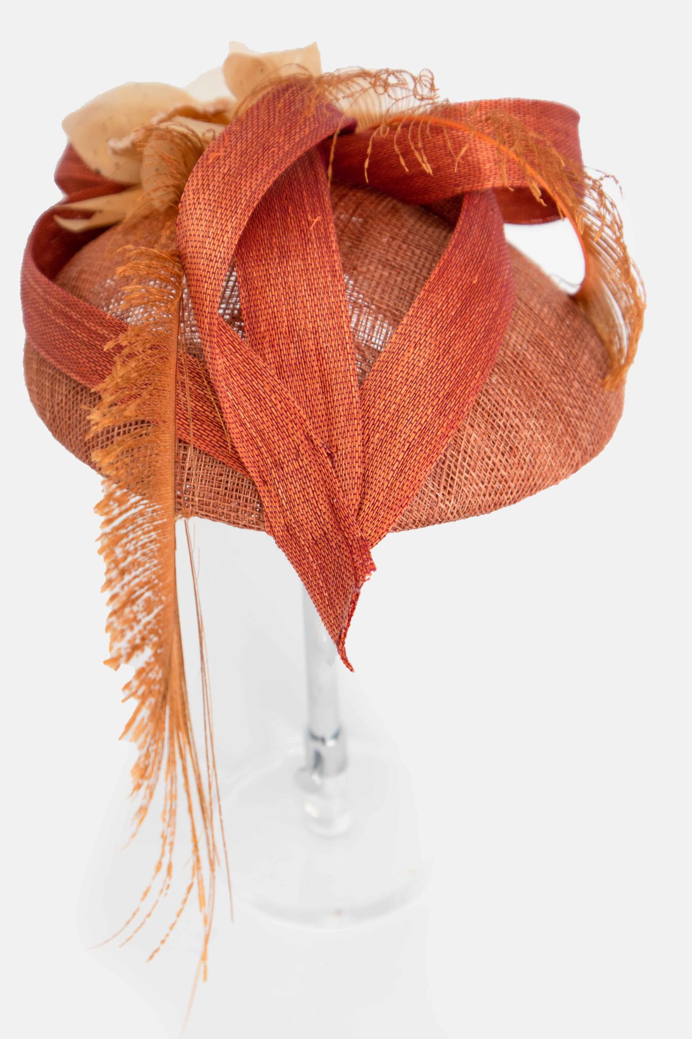 Marilyn’s Rust Flowers and Feather on a Circle Fascinator