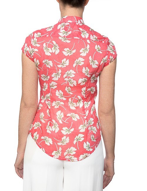 Marilyn Cotton Pleated Coral Floral Print Blouse With Cap Sleeves - Back
