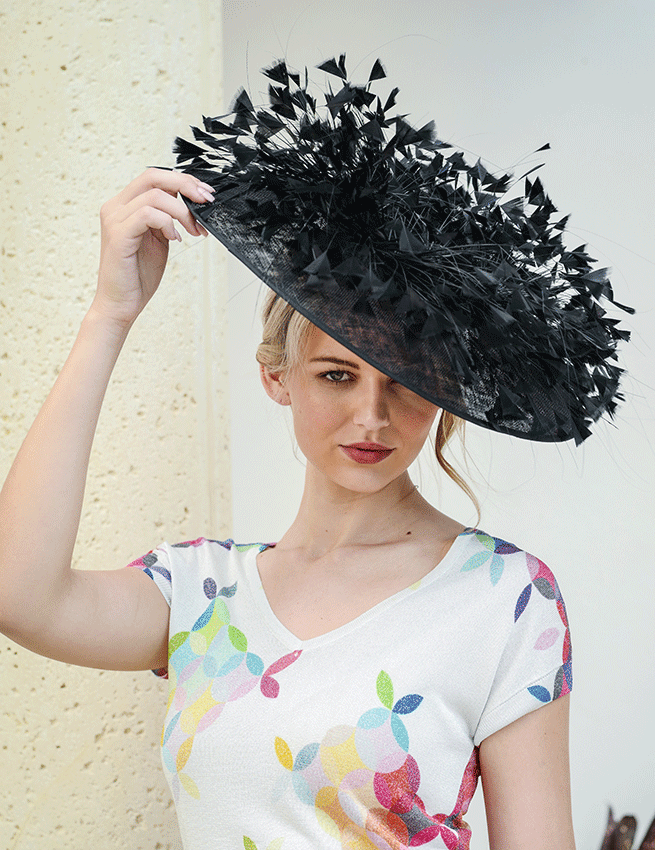 FEATHERED CROWN 18 INCH WIDE BRIMMED HAT