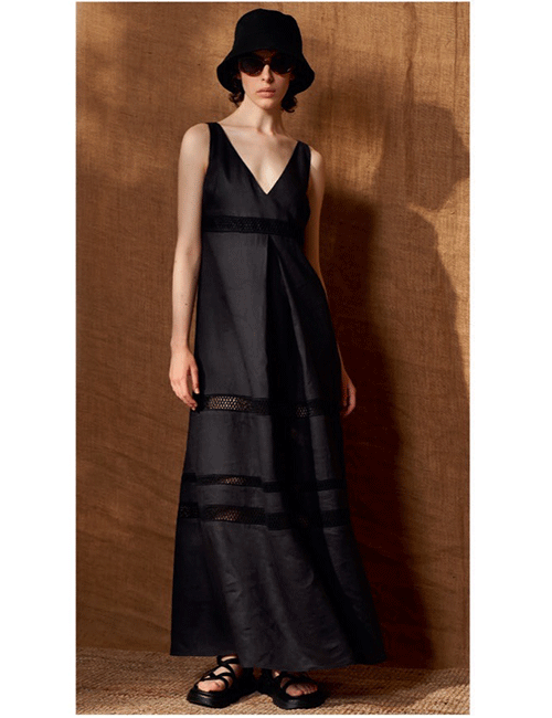 Marilyn's Black Linen Dressy V-Neck Sleeveless Long Dress 