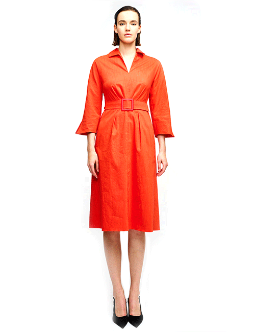 Marilyn’s Amina Comfortable Fabric Collar 3/4 Sleeve Belted Dress